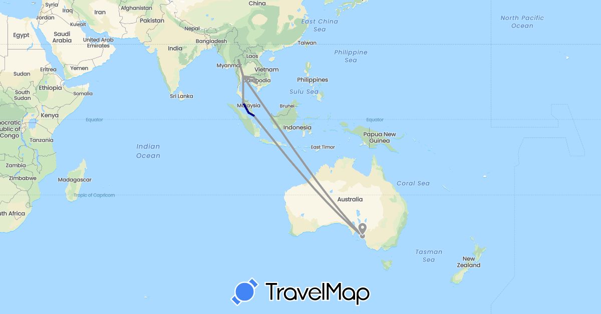 TravelMap itinerary: driving, plane, train in Australia, Cambodia, Malaysia, Singapore, Thailand (Asia, Oceania)